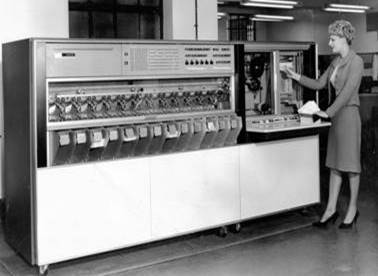 1963 Valerie Blunden demonstrates IBM Reader Sorter at Lombard Street RH