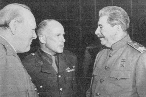 1947 A H Birse with Churchill and Stalin Potsdam 1945 MBM-Au47P37.jpg